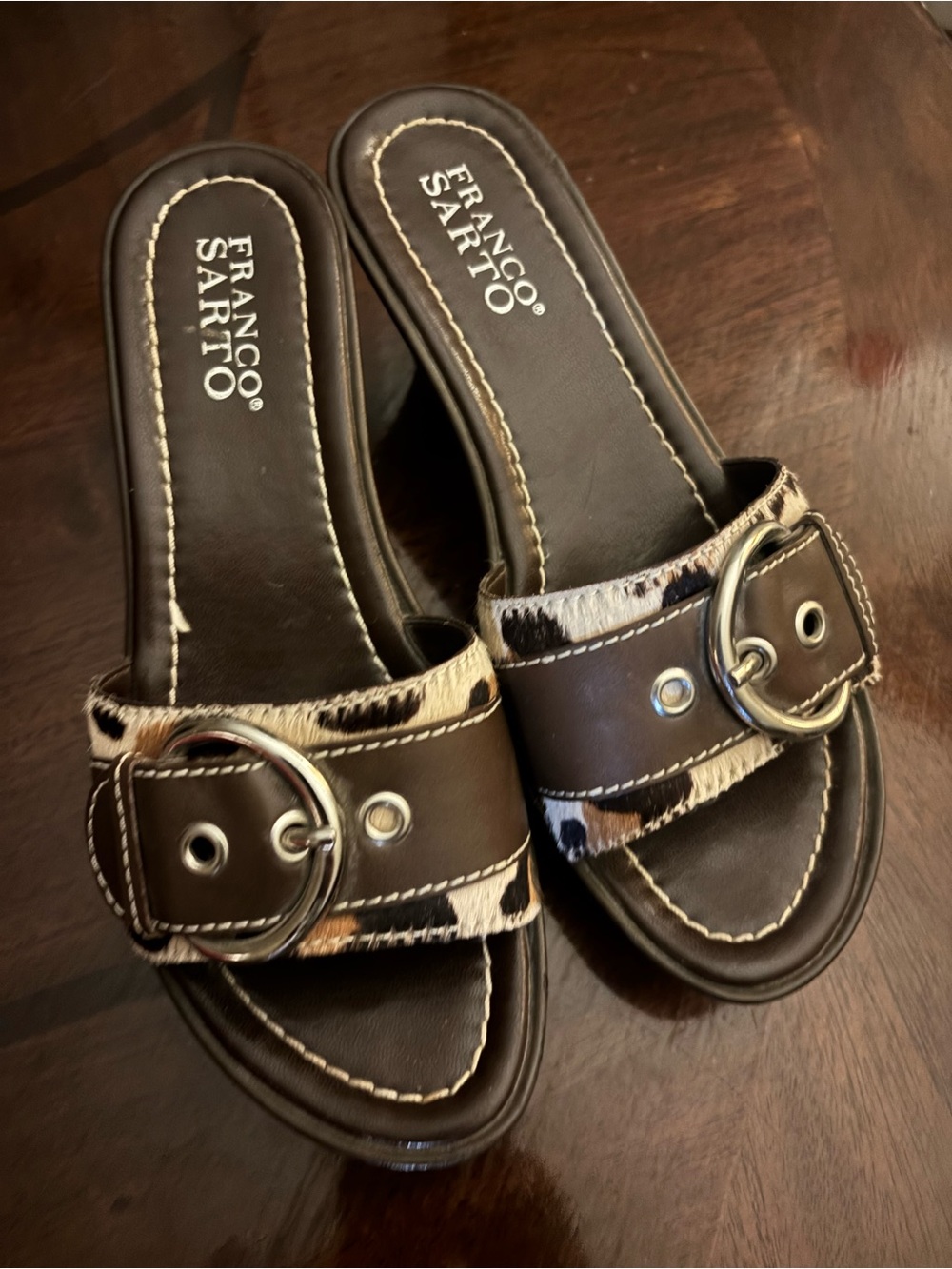 Franco Sarto Brown and Cow Print Slide Sandals with Silver Buckle
